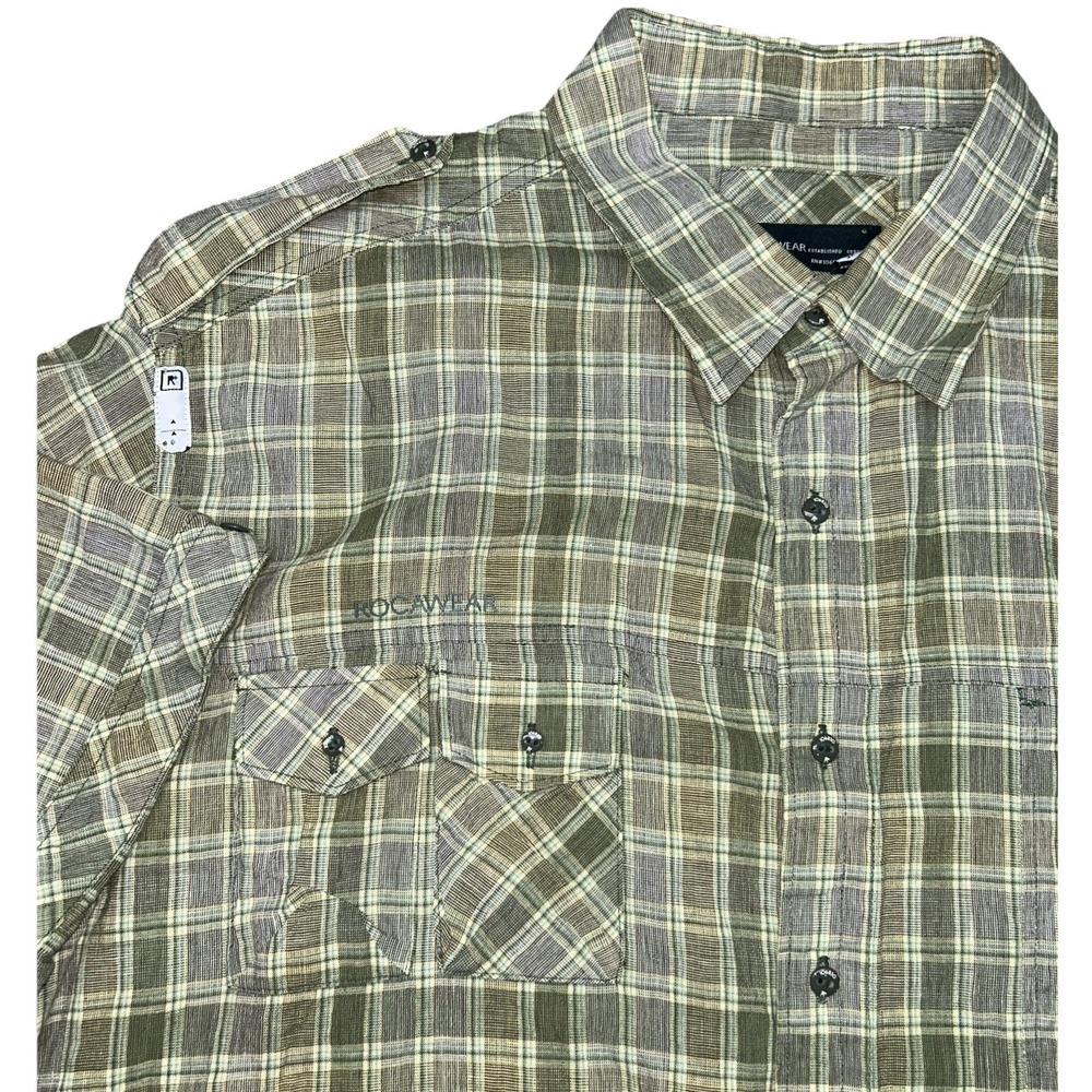 Rocawear Linen Blend Chest Flap Pocket Roll Tab Green Plaid Summer Shirt Men 3XL